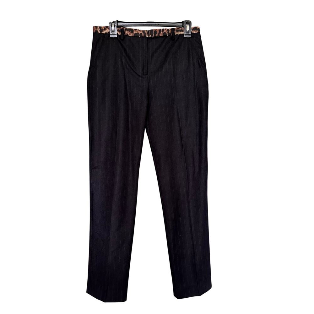 Pollini by Aeffe SpA Black Pinstripe Wool Pants Leopard Waistband US 10